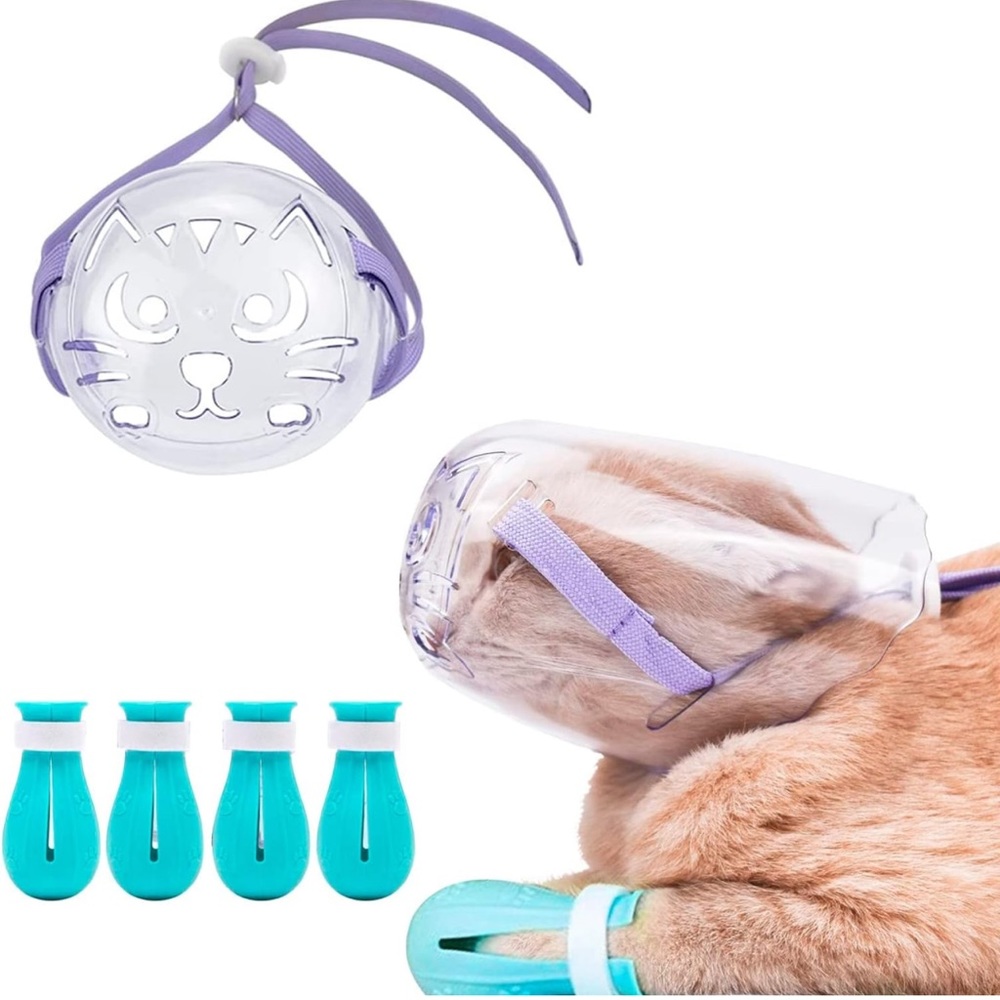 Cat Muzzle Mouth Cover Set with Adjustable Hood,Breathable Anti Bite Air Muzzles